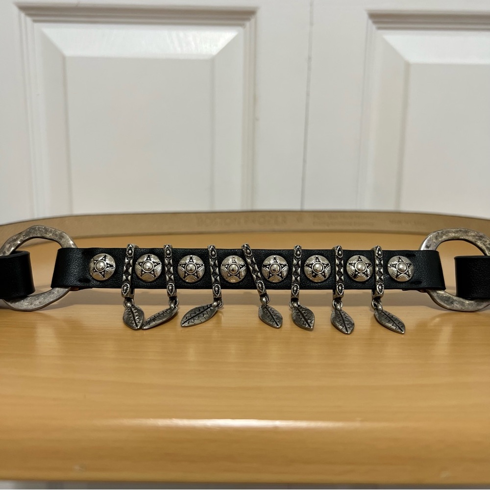 Boston Proper Black Charm Belt with Silver Star Geometric Conchos Size XL